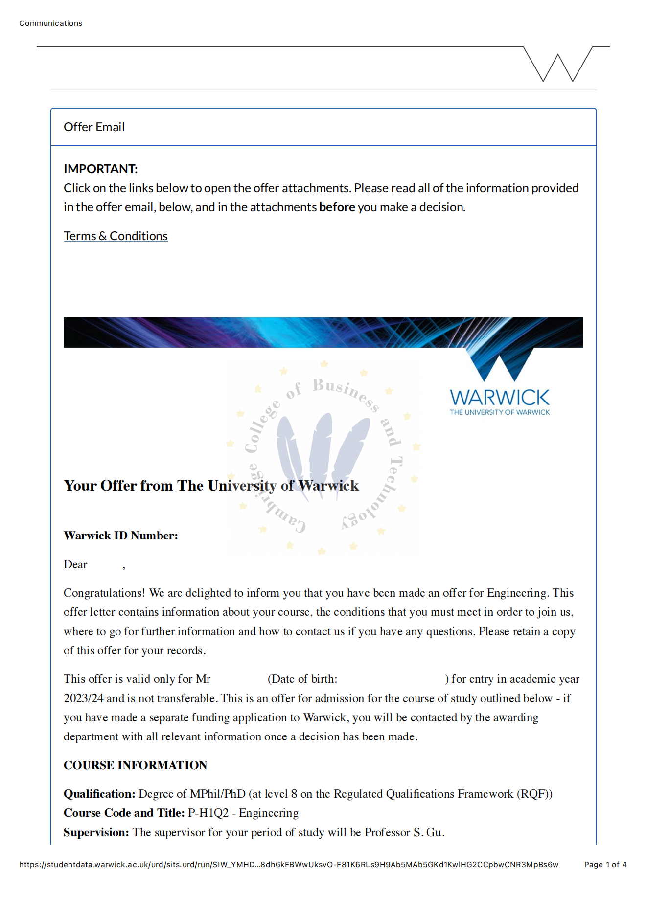 华威大学PHD博士offer